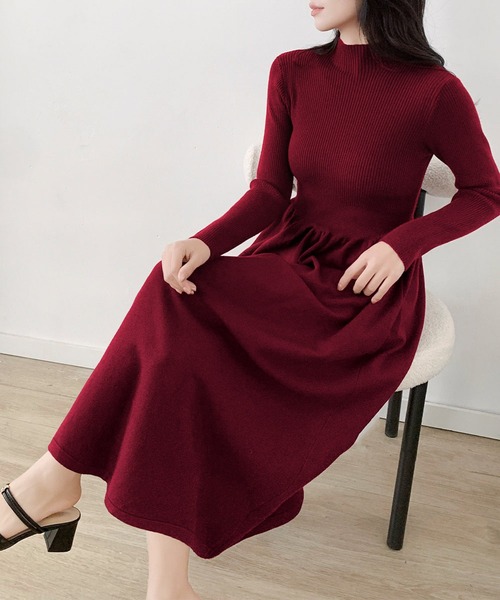 LOWO ワンピース モックネック フレア ニットワンピース ロング丈 冬