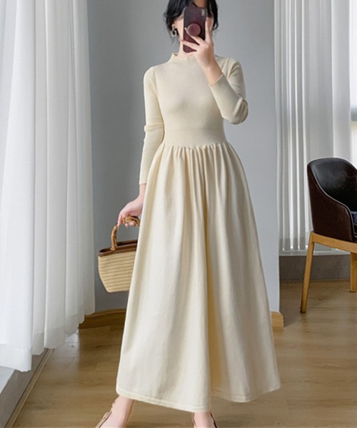 LOWO ワンピース モックネック フレア ニットワンピース ロング丈 冬