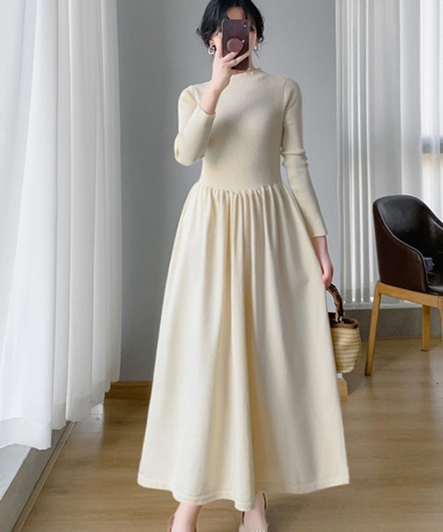 LOWO ワンピース モックネック フレア ニットワンピース ロング丈 冬