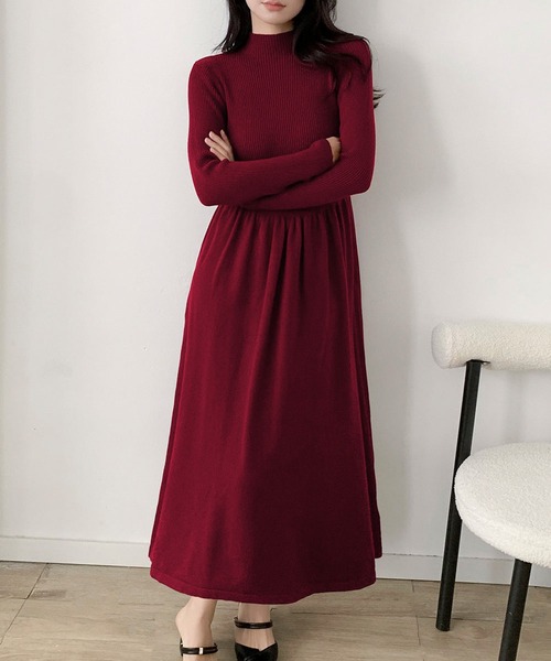 LOWO ワンピース モックネック フレア ニットワンピース ロング丈 冬