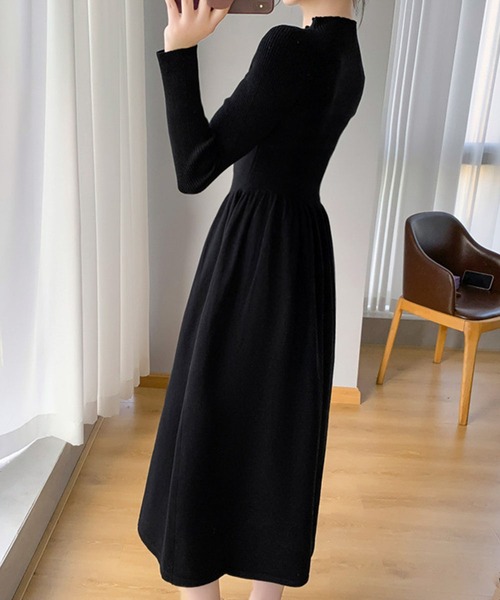 LOWO ワンピース モックネック フレア ニットワンピース ロング丈 冬