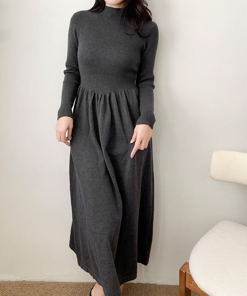 LOWO ワンピース モックネック フレア ニットワンピース ロング丈 冬