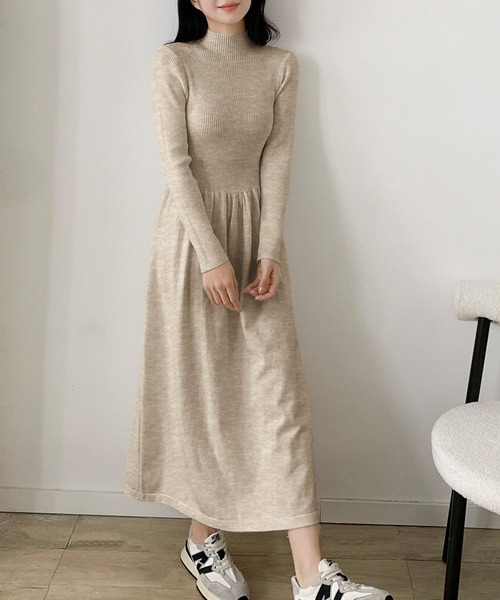 LOWO ワンピース モックネック フレア ニットワンピース ロング丈 冬