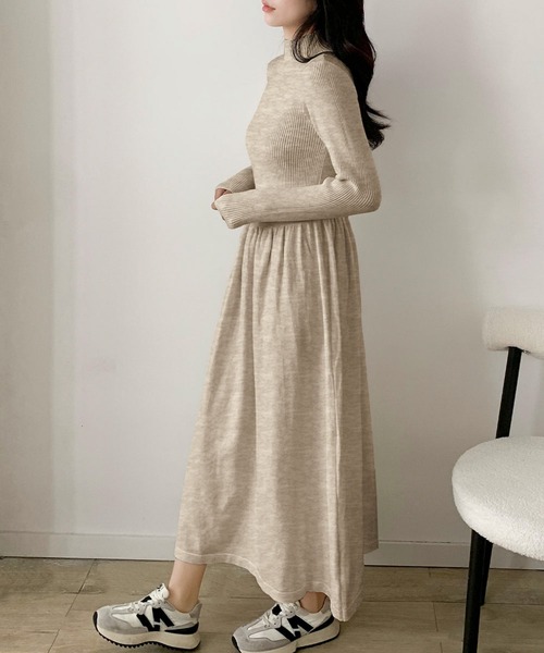 LOWO ワンピース モックネック フレア ニットワンピース ロング丈 冬