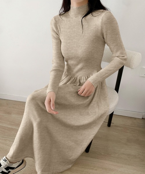 LOWO ワンピース モックネック フレア ニットワンピース ロング丈 冬