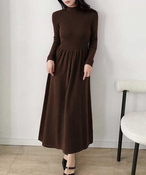 LOWO ワンピース モックネック フレア ニットワンピース ロング丈 冬