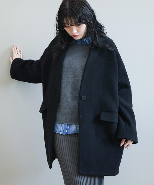 The rejoice コート アウター ウール混カラーレスコート レディース