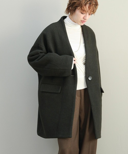 The rejoice コート アウター ウール混カラーレスコート レディース