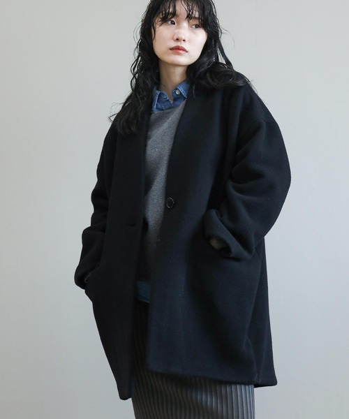 The rejoice コート アウター ウール混カラーレスコート レディース