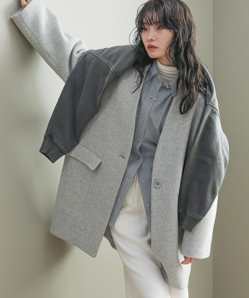 The rejoice コート アウター ウール混カラーレスコート レディース