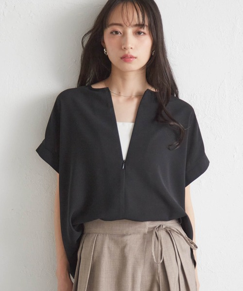 RANAN（ラナン） ブラウス シャツ 夏 半袖 前後2WAYハーフジップ