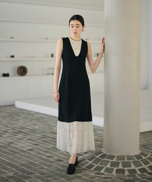 ワンピース bicolor lace layered long dress /バイカラーレース