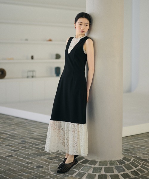 ワンピース bicolor lace layered long dress /バイカラーレース 