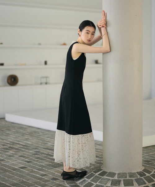 ワンピース bicolor lace layered long dress /バイカラーレース