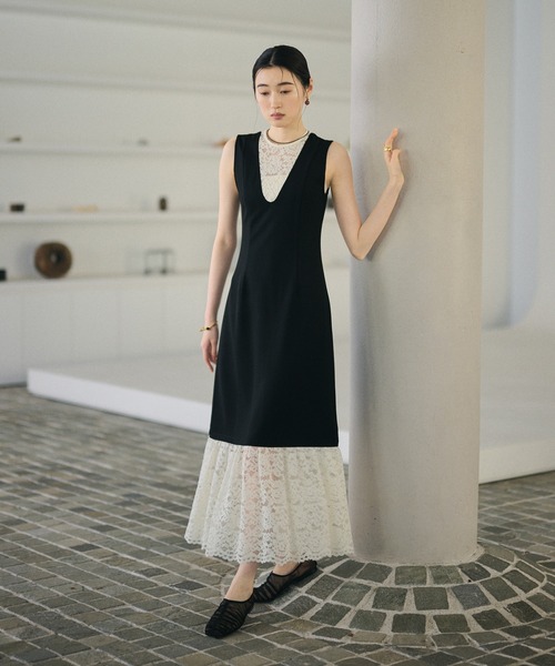 ワンピース bicolor lace layered long dress /バイカラーレース