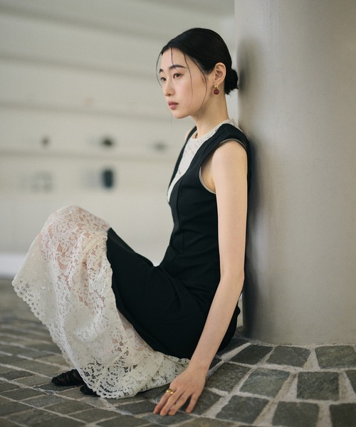 ワンピース bicolor lace layered long dress /バイカラーレース