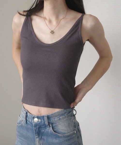 タンクトップ ノースリーブ 美ライン リブニット カップ付きタンク