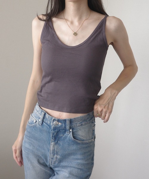タンクトップ ノースリーブ 美ライン リブニット カップ付きタンク