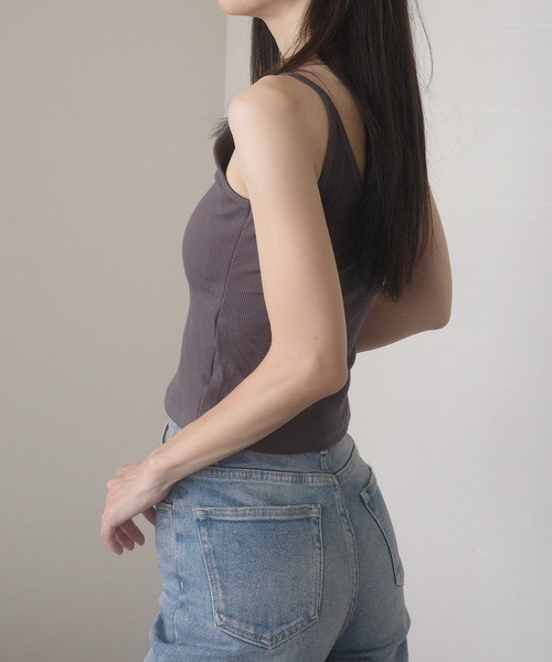 タンクトップ ノースリーブ 美ライン リブニット カップ付きタンク