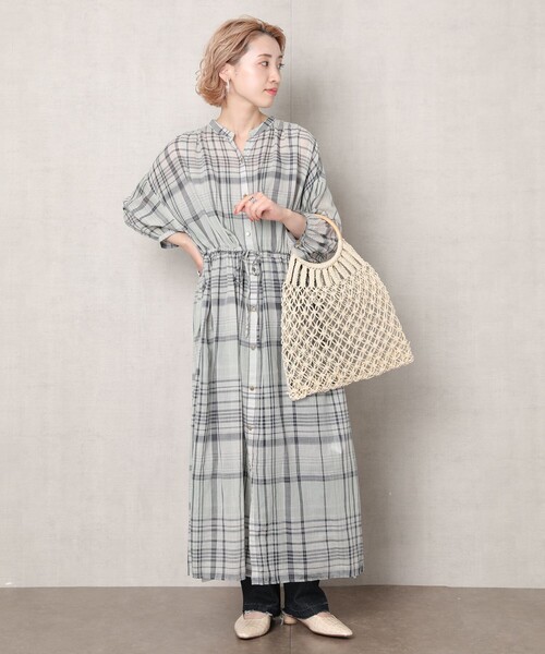 ワンピース シャツワンピース Web限定 インド2wayボイルチェックシアーシャツワンピース 美品