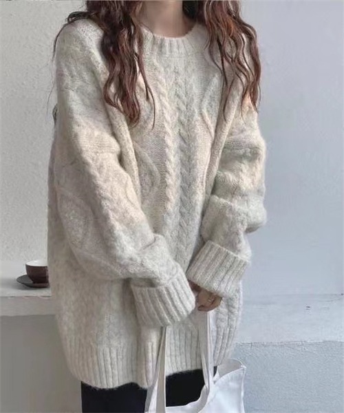 未使用 ビアズリー オーバーサイズ ニット セーター F パープル チュニック カシミヤラウンドネックニットチュニックプルオーバー | TOPS | 元町