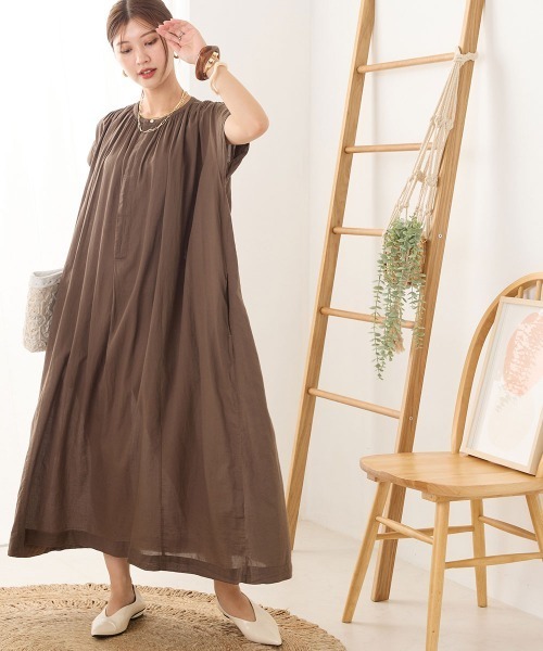 120.長袖丸ヨークワンピース　半袖パフワンピース　✿ハンドメイド OMNES（オムネス） ワンピース 夏 半袖 綾織ボイル 丸ヨークワンピース