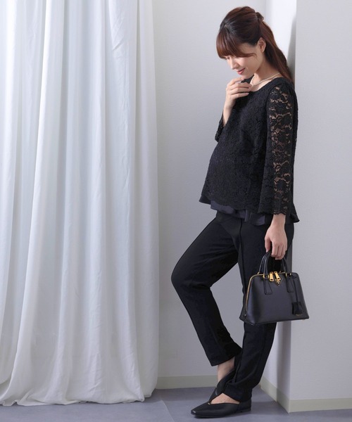 SWEET MOMMY マタニティトップス M 黒 SweetMommy（スウィートマミー） マタニティ レーシーレイヤード