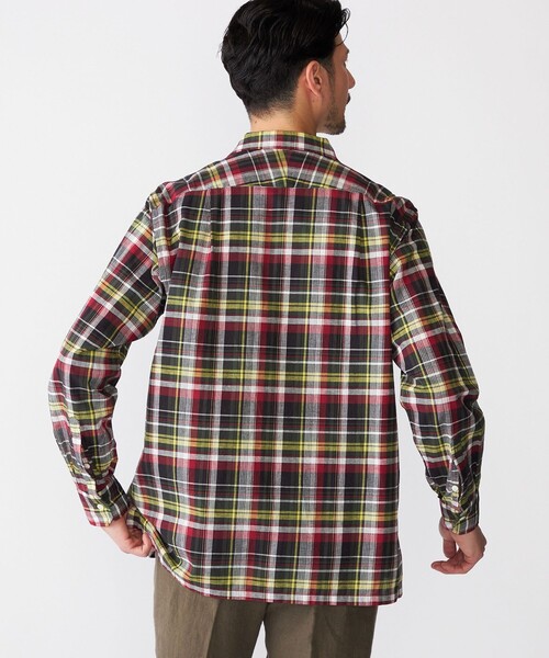 MHL. コットン チェック バンドカラー 半袖シャツ　プルオーバー MINI PLAID H/S SHIRT / ミニチェックオープンカラー半袖シャツ