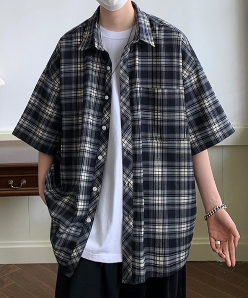BUDO 半袖シャツ ネイビーとホワイトチェック M MGV（エムジーヴィー） シャツ 半袖 シャドーチェック 半袖シャツ