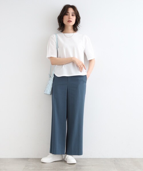 INDIVI tシャツ 「洗える／凹凸素材」袖タック サッカージャージ