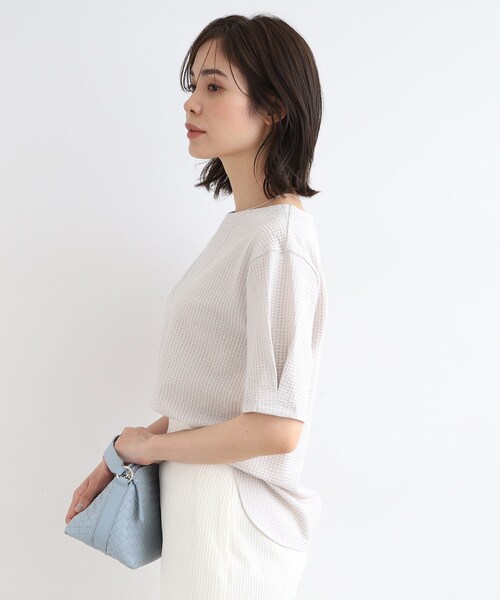 INDIVI tシャツ 「洗える／凹凸素材」袖タック サッカージャージ