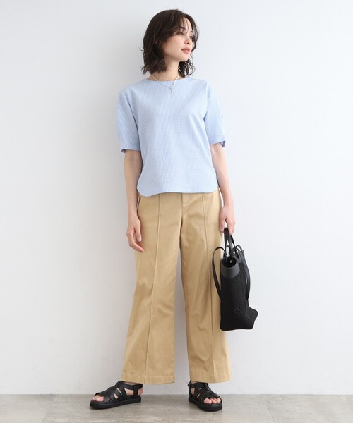 INDIVI tシャツ 「洗える／凹凸素材」袖タック サッカージャージ