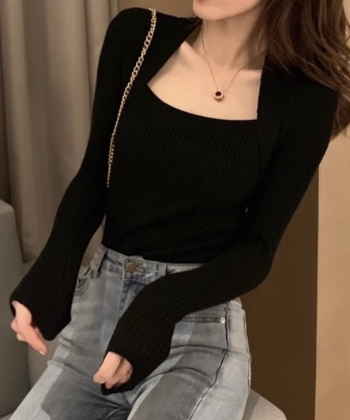 deux amour ニット セーター スクエアネックリブニットプルオーバー