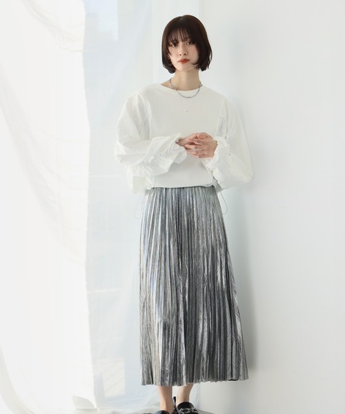 Ampirula スカート シャイニーメタリックプリーツフレアロングスカート