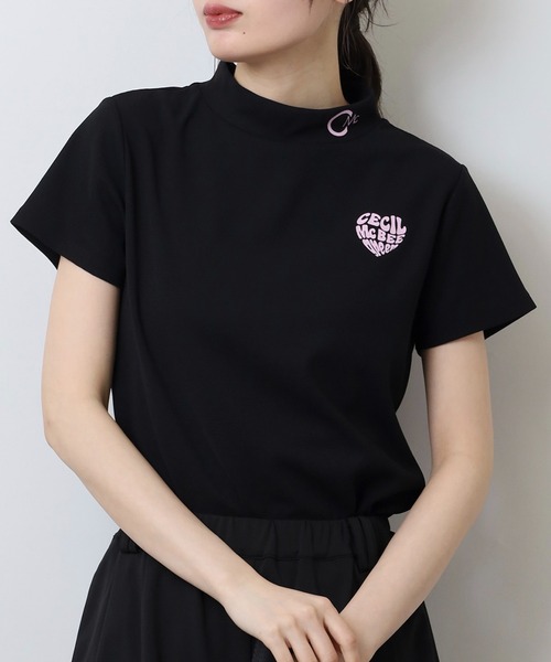 tシャツ ハートモチーフ半袖モックネックシャツ レディース