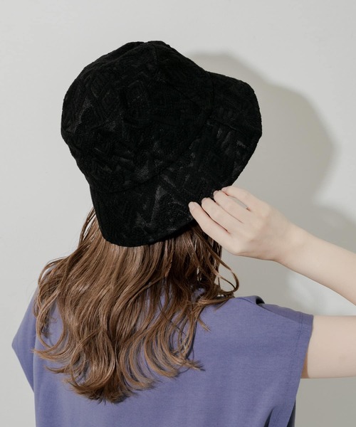 レース付き黒バケットハット SMELLY 帽子 ハット レースバケットハット レディース