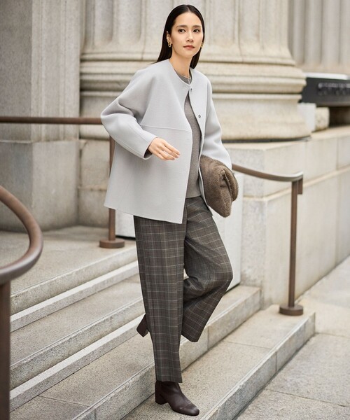 自由区 ノーカラーウールリバーコート 38 イタリア生地 ベルト付 自由区（ジユウク） ノーカラーコート コート ウールリバーノーカラー