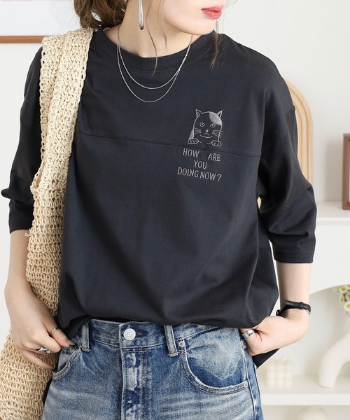 Quelle Chance（ケルシャンス） tシャツ 猫刺繍七分袖BigTシャツ