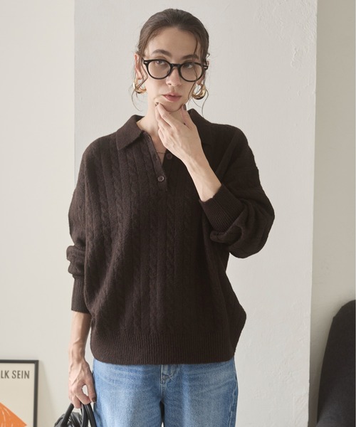 ANGIE ニット セーター ケーブル ポロ襟 ニット プルオーバー