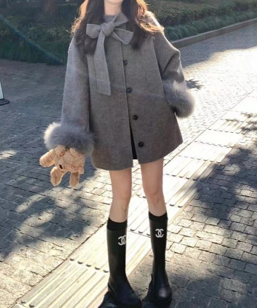 ViViDAY ピーコート pコート 襟リボン ふわふわエコファー付き袖口