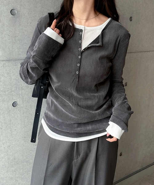 andme（アンドミー） tシャツ ベロアチュールヘンリーネック長袖