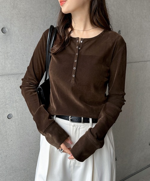 andme（アンドミー） tシャツ ベロアチュールヘンリーネック長袖