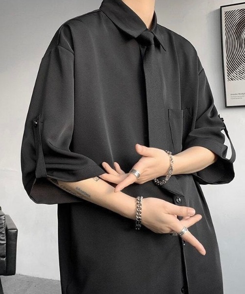 WYZ シャツ 半袖 ネクタイ付きオーバーサイズロールアップ半袖シャツ