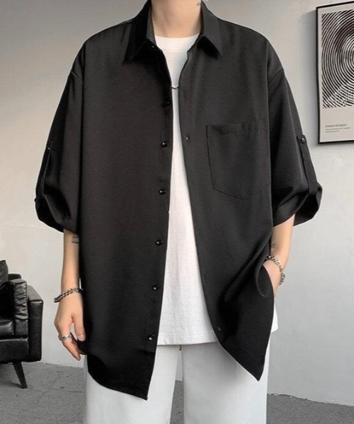 Passion Design 半袖シャツ 黒・ベージュ WYZ シャツ 半袖 ネクタイ付きオーバーサイズロールアップ半袖シャツ