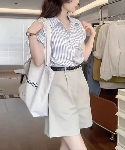 BLANC FICELLE ブラウス シャツ 半袖 パフスリーブ ストライプ ブルー
