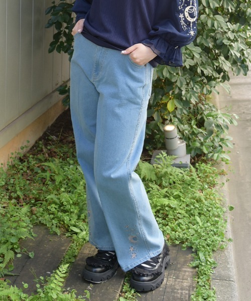 【極美品】ANTIBCSS バイカーデニムパンツ W30 シフト刺繍 裾ジップ axes femme（アクシーズ ファム） パンツ 月×星刺繍デニムパンツ