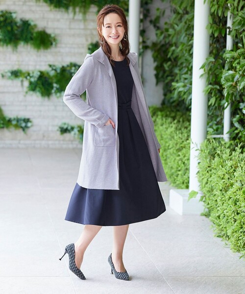 【クラスラウンジ】ワンピース グレー M ミモレ丈 アシメ 毛100%【美品】 Tiaclasse ワンピース 「洗える」スタイルアップも叶うリボンモチーフ