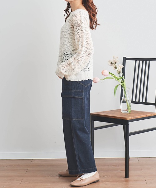 Chika Kisada 透かし編みニットセーター ネイビー系 長袖 mil ニット セーター 「150cm前後の小柄さんサイズ」透かし編み