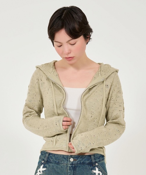TINA:JOJUN ニットフーディー　(Beige) TINA：JOJUN パーカー アイレット柄 ニットフーディー