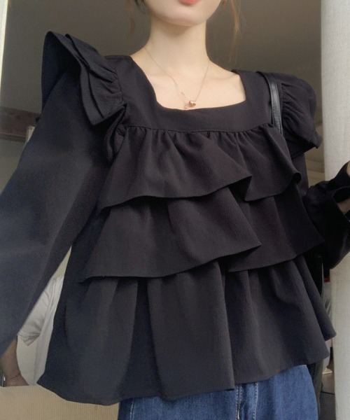 deux amour tシャツ フリルティアードスクエアネックバック